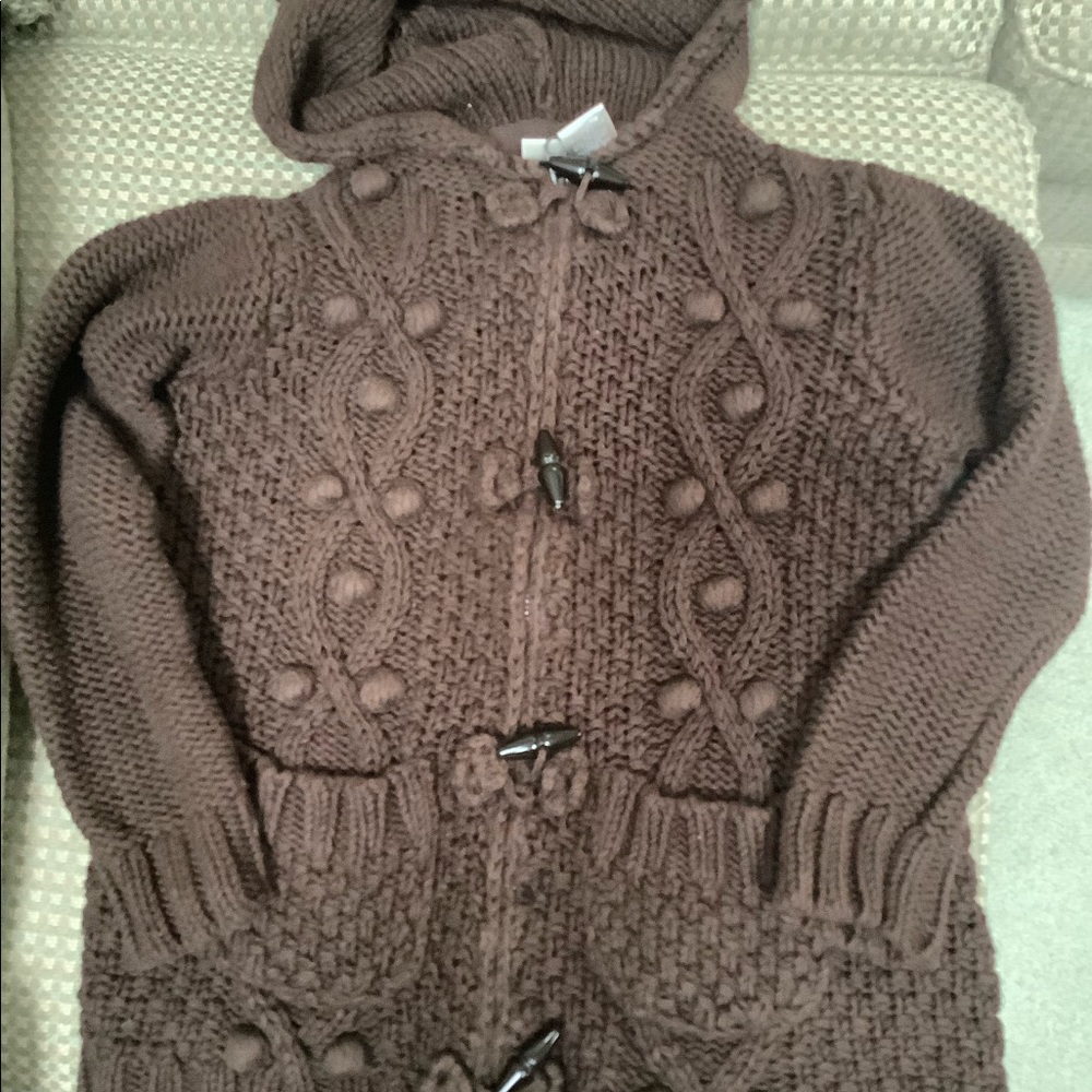 Brown cotton popcorn stitch zip/toggle front hooded cardigan
